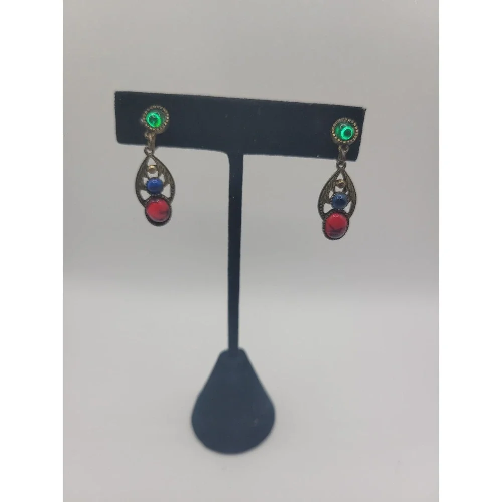 Vintage Multicolor Glass Cabochon Clip On Earrings Red Blue Green Gold Tone Dang